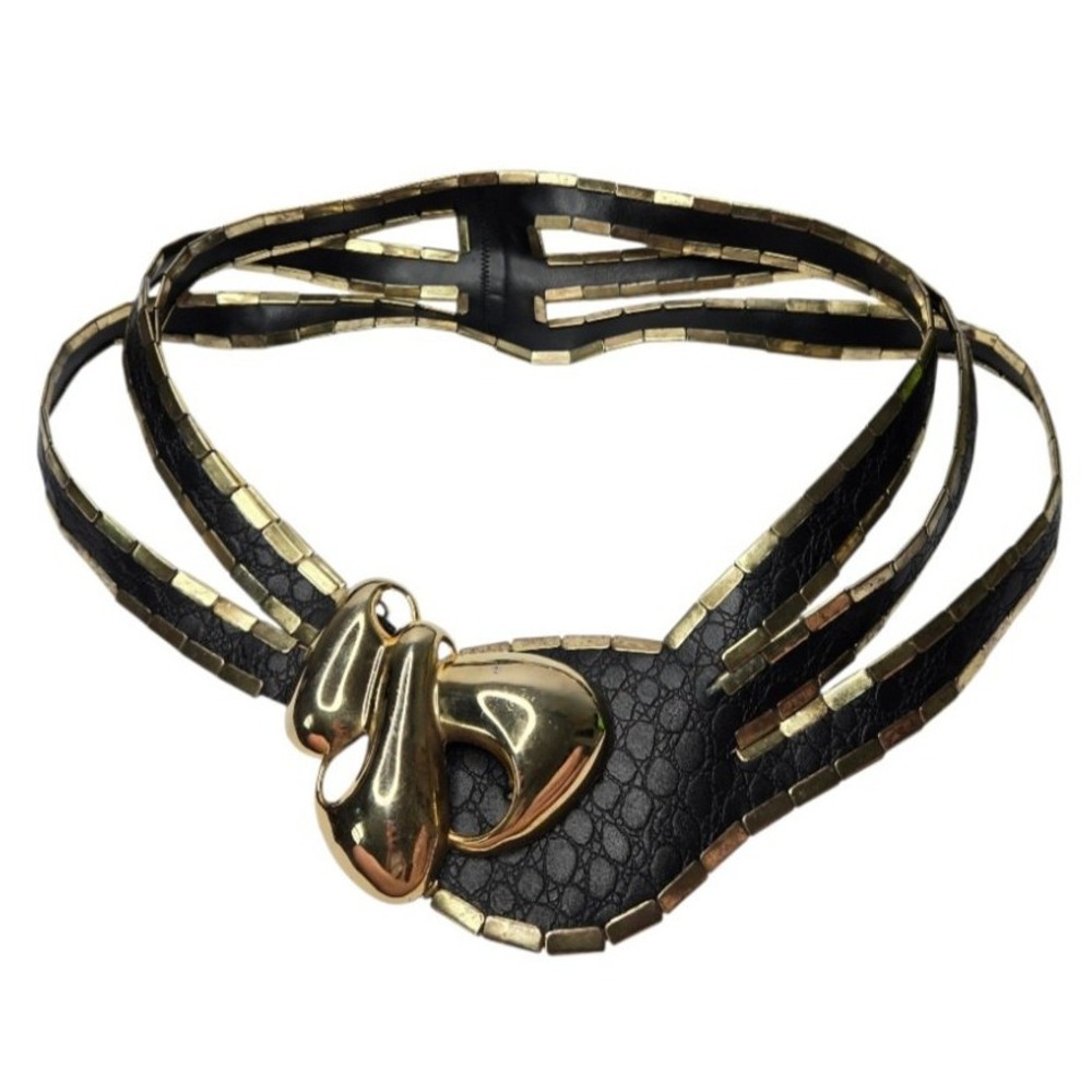 Vintage 80s Statement Black Leather Belt Gold Buckle Multi Strap Sculptural M/L